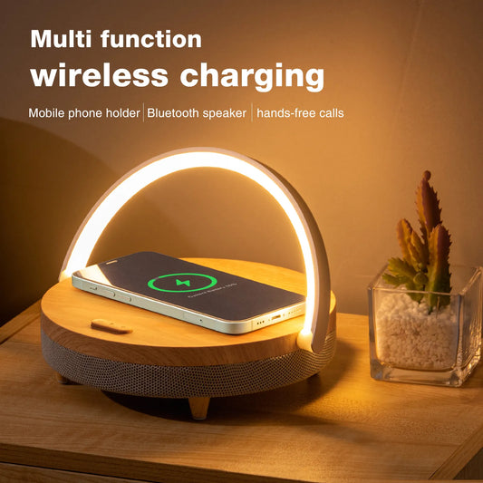 Chargeur Sans Fil avec Haut-Parleur Bluetooth et Lampe LED Intégrée.